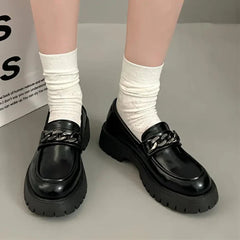 BXOXO Chunky Heel Platform Metal Chain loafers Women Pumps Black round toe small leather shoes Female Casual Retro JK Uniform shoes