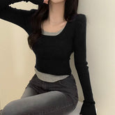 Bxoxo Contrast Stitching Crop Top Harajuku y2k Casual Full Sleeve Patchwork T-shirts for Women Fall Basic Tee Ladies Streetwear