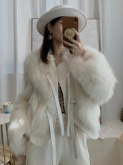 Bxoxo Thick Faux Fur Crop Coat Women Y2K Fashion Streetwear Lace Up Fluffy Short Jacket Korean Elegant Office Lady Faux Fox Fur Parkas