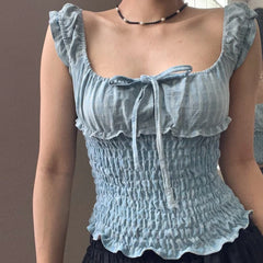 Bxoxo French Pleated Square Neck Bows Bandage Sexy Tank Top Y2K Summer Sweet Cute Daily Fashion Streetwear All-Match Camis