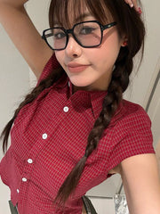 Bxoxo Pure Cotton Red Plaid Shirt Women Slim Sexy Cropped Short Sleeve Y2K Blouse Vintage American Streetwear Female Summer Tops