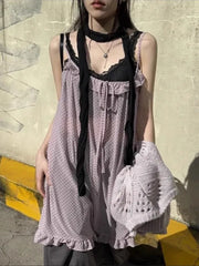 Bxoxo Harajuku Japanese Style Tank Tops Women Vintage Polka Dot Ruffle Sleeveless Mesh Dress Sexy See-through Layered Wear