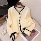 Bxoxo Autumn V Neck Knit Cardigan for Women Fashion Striped Patchwork Lace Up Casual Sweater Korean Preppy All Match Buttons Jumpers