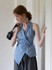 Bxoxo Sexy V Neck Slim Striped Tanks Women Vintage Sleeveless Irregular Tees American Retro Casual Summer Female Elegant New Tops