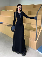 Bxoxo Black Patchwork Long Sleeve Knit Dress Women Autumn Korean Lapel Midi Dress Y2K Elegant Office Lady All Match Party Vestidos