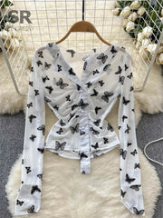 Bxoxo Butterfly Print Blouse Summer Long Sleeve V Neck Y2K 2024 Slim Vacation Ladies High Street Fashion Casual Shirt