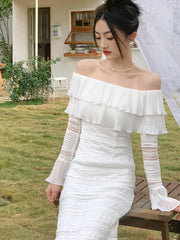 BXOXO White Elegant Vintage Midi Dress Women Ruffles Sexy Beach Party Bodycon Dress Female Silm One Piece Dress Korean Summer Y2k