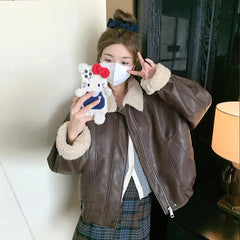 Bxoxo American Retro Pu Leather Jacket Women Y2K Streetwear Loose Lapel Motorcycle Coats Bf Winter Thick Lamb Warm Outwear New