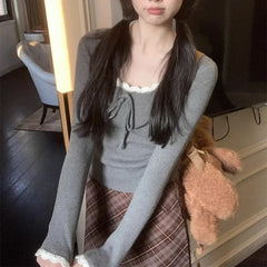 BXOXO Kawaii Bow T-shirts Women Coquette Lace Sexy Korean Fashion Sweet Long Sleeve Cutecore Slim Up Solid Aesthetics Tops