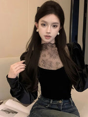 Bxoxo Lace Patchwork Women T Shirt Autumn Sweet Puff Sleeve Slim Crop Tops Female Half Turtleneck Splicing Casual Bottoming Tees