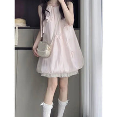 Bxoxo Sweet Pink Butterfly Knot Flower Bud Dress Women's Loose Slimming Short Skirt Summer New Style Student Mini Dress Casual Chic