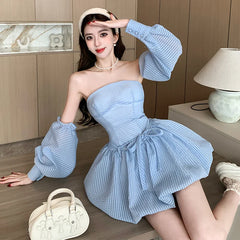 BXOXO Ladies Ribbon Mini Dress Lace Up Strap Pure Color Streetwear Party Club Elegant Y2K Size Skinny Hollow Backless Strapless Sexy