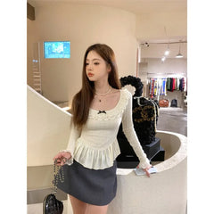 Bxoxo Korean Style White T-shirts Women Fairycore Cute Ruffles Long Sleeve Tees Y2k Sweet Slim Corset Tops Autumn 2025 Ropa