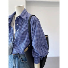 Bxoxo Blue Basic Vintage Plaid Women's Shirts Harajuku Long Sleeve Korean Fashion Blouses Loose Casual Commuting Youthful
