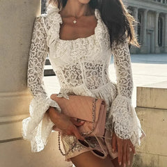 BXOXO Women's White Lace Lace Long Sleeved Square Neck Top with French High-end Feeling As The Base and Inner Layer