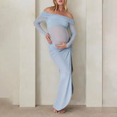 BXOXO Women's Bodycon Maternity Dress Off Shoulder Long Sleeve Solid Color Mesh See Through Pregnancy Dress High Split Dress