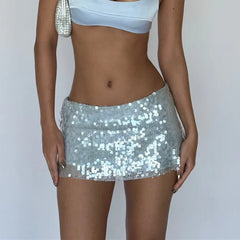 BXOXO Silver Sequin Skirt Woman High Waist Mini Skirt Woman Fashion Shiny Glitter Elegant Short Skirts For Women Y2k Skirts