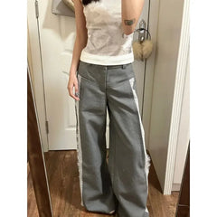 Bxoxo Y2k Gray Lace Women Suit Pants Vintage Harajuku Patchwork Wide Leg Korean Fashion Baggy Trousers Elegant Casual Sweet