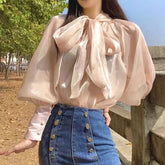 Bxoxo Shirts & Blouses Elegant Bow Lace Up Women Fashion Sleeve Blusas Mujer 2025 Early Autumn Perspective Casual All-match Blouses