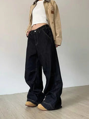 Bxoxo Grunge Black Jeans Women Y2k Vintage Oversized High Street Wide Cargo Denim Trousers Casual Baggy Straight Denim Pants