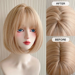 BXOXO 12 Inch Synthetic Short Straight Bangs Wigs Bob Fiber Heat-resistant Deep Wave Hair Sweet And Natural Party or Selfie