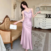 Bxoxo Sexy Backless Satin Camis Dress Women Summer French Spaghetti Straps Slim Midi Dress Female Elegant Solid A Line Dress New