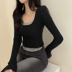 Bxoxo Contrast Stitching Crop Top Harajuku y2k Casual Full Sleeve Patchwork T-shirts for Women Fall Basic Tee Ladies Streetwear