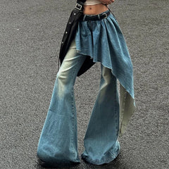 BXOXO Blue Fake Two-piece Jeans Female Autumn and Winter New Retro Niche Design Sense Irregular Skirt Flared Pants Wide-leg Pants