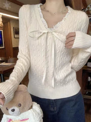 Bxoxo Sweet Bow Knit Sweater for Women Korean Chic Lace Up Long Sleeve Patchwork Slim Pullovers Autumn Winter All Match Jumper Mujer