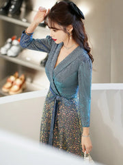 BXOXO DRESS TO IMPRESS Temperament V-Neck Formal Dress Shiny Elegant 3/4 Sleeve Lace up Slim Banquet Gown New Long Blue Sequin Party Vestido