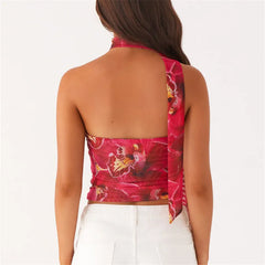 BXOXO Women Y2K Tube Top Mesh Ruched Strapless Crop Top Sexy Floral Print Backless Bandeau Tank Top with Scarf Summer Street