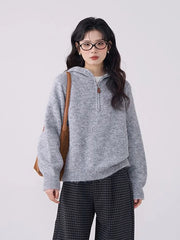 Bxoxo Korean Vintage Gray Sweaters Women Long Sleeve Casual Simple Knitted Hooded Jumper Retro Loose All Match Female Fall Winter Tops