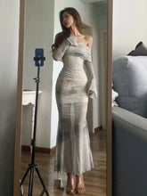 Bxoxo New Chinese Style Inkwash Painting Dresse Y2k E-Girl Slash Neck Long Sleeve Vestidos Summer Slim Waist Mesh Dress for Women