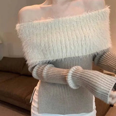 Bxoxo Off Shouder Sexy Sweaters Mink Cashmere Vintage Red Knitwear Top Jumper Y2k Clothes Pullover Pull Femme Black Sueter Mujer