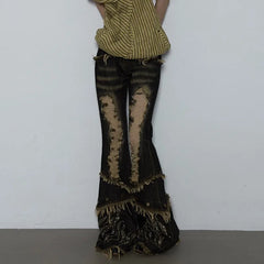 BXOXO Y2k Distressed Flared Jeans Japanese 2000s Style Black Jeans Vintage Gothic Punk High Waist Denim Pant Grunge Aesthetics