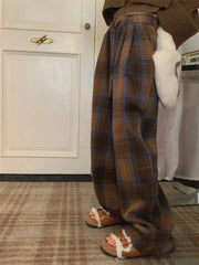 Bxoxo Faux Woolen Warm Plaid Pants Women Vintage Harajuku High Waist Wide Leg Trousers Streetwear Retro Loose Casual Fall Winter Pant
