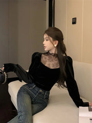 Bxoxo Lace Patchwork Women T Shirt Autumn Sweet Puff Sleeve Slim Crop Tops Female Half Turtleneck Splicing Casual Bottoming Tees