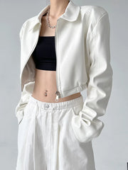 Bxoxo American Vintage Pu Leather Women Jacket Y2K Black Lapel Long Sleeve Crop Coats Harajuku Streetwear Zipper Casual Outerwear