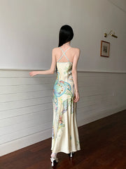 Bxoxo Ocean Flowers Backless Long Mermaid Dress For Woman Summer 2025 V Neck Midi Slip Dress Evening Party Clothes