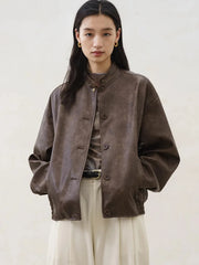 Bxoxo Vintage Pu Leather Jacket Women Y2K Autumn Loose Streetwear Thick Stand Collar Coat Fashion Single Breasted All Match Outwear