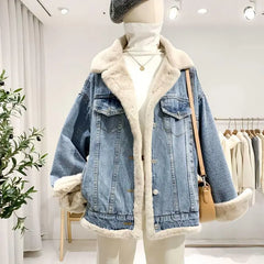 Bxoxo Jean Jacket Korean Winter Both Side Wear Thick Warm Lamb Velvet Denim Coat Single Breasted Buttons Patchwork Plush Outwear T470
