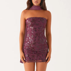 BXOXO Fashion Women Summer Sequin Mini Bandeau Dress Sleeveless Off Shoulder Flower Embroidery Tube Top Dress with Scarf