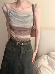 Bxoxo Fashion Tie Dye Mesh Women Vest Y2K Korean Chic Irregular Slim Female Crop Tops Ladies Elegant Bohemian Off Shoulder Tank