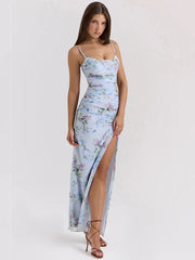 BXOXO Blue Floral Print Mesh Maxi Dress For Women Gown Zipper Spaghetti Strap Sleeveless Backless Split Club Party Long Dress