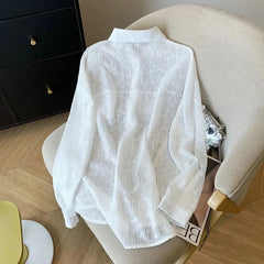 Bxoxo Embroidered Lace Shirts Women Summer Loose No Sling Korean Button Simple Shirt Fashion Baggy All Match Thin Sun Protection Top