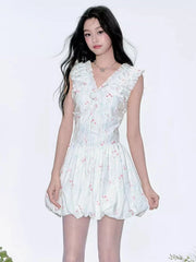 BXOXO Floral V Neck Sexy Dress Women Casual Elegant Sleeveless Mini Dress Vintage Lace Up Female Korean Summer Beach Style Dress