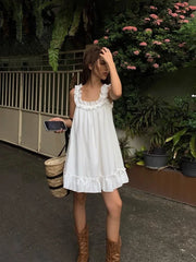 Bxoxo White Sleeveless Ruffles Mini Dress Women Casual Boho Beach Sundress Cute Girl Home Dresses Loose Summer Dress Oversize