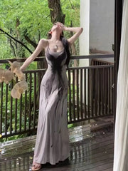 Bxoxo Retro Ink Butterfly Tie Dye Camis Dress Women Summer Slim Sleeveless Midi Dress Y2K Korean Sweet Mesh Spaghetti Straps Vestidos