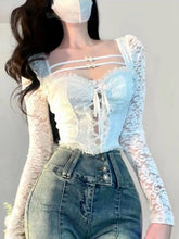 Bxoxo Sexy Crop Tops Slim Fit Lace Blouses for Women Temperament Shirts Bandage Fashion White Y2k Blouse White Cltohing 2023 Summer