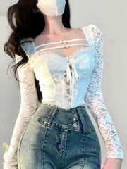 Bxoxo Sexy Crop Tops Slim Fit Lace Blouses for Women Temperament Shirts Bandage Fashion White Y2k Blouse White Cltohing 2023 Summer